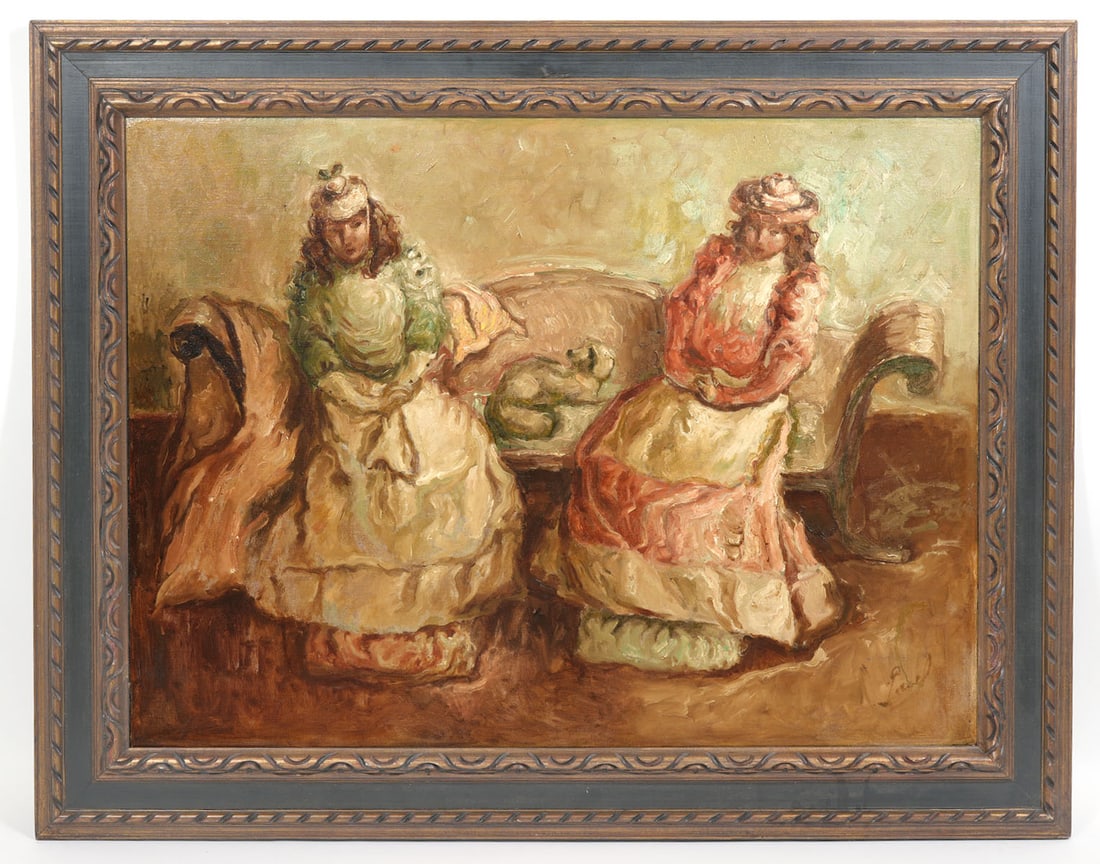 Fidelio Ponce De Leon 'La Visita' Painting Prov: Fidelio Ponce De Leon, Cuba (1895-1949). Titled 'La Visita' this oil on canvas painting is signed lower right and mounted in an ornately carved wood frame. Provenance: Christies New York, Important