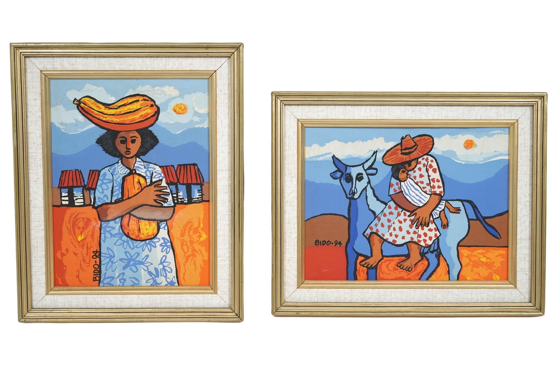 Cándido Bido Ventura Two Paintings: Cándido Bidó Ventura, Dominican Republic (1936-2011). Two oil on canvas colorful paintings mounted in gilt wood frames. Both are signed and date lower left 'Bido 94'. Measurements: 15.5"H x 12.75"W