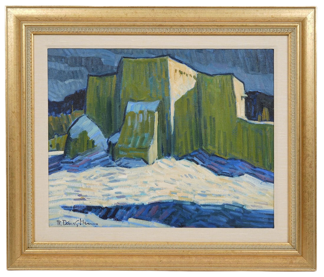 Robert Daughters 'Blue Winter' Painting: Robert Daughters, American (1929-2013). 'Blue Winter'. Oil on canvas. Signed bottom left. Known for rural winter scenes and a style characterized by short discrete brush strokes that catch colors and