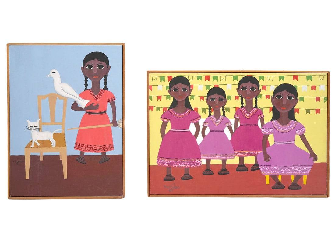 Two Original Faroleo Paintings: Faroleo, known as Josaphat Honorato de Santa Cecelia, from Sergipe, Brazil, 20/21 century oil on canvas mounted in thin wood frame. Signed lower left and dated '81. Measures 18 3/8"H x 13.5"W framed;