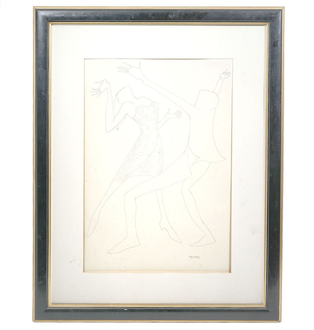 Benny Andrews Signed Pencil Drawing: Benny Andrews, American (1930-2006). Pencil drawing on paper of two people dancing, signed and dated 1989 lower right and mounted in a black and gilt frame. Measures 31.75"H x 24.75"W framed; 21.5"H x