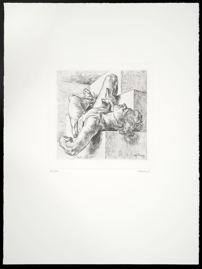 Paul Cadmus 'Nude on Ledges' Etching: Paul Cadmus, American (1904-1999). 'Nude on Ledges' 1996. Etching on Arches Cover White. This work is part of the 'American Academy of Arts and Letters Centennial Portfolio'. Print is unframed and pap