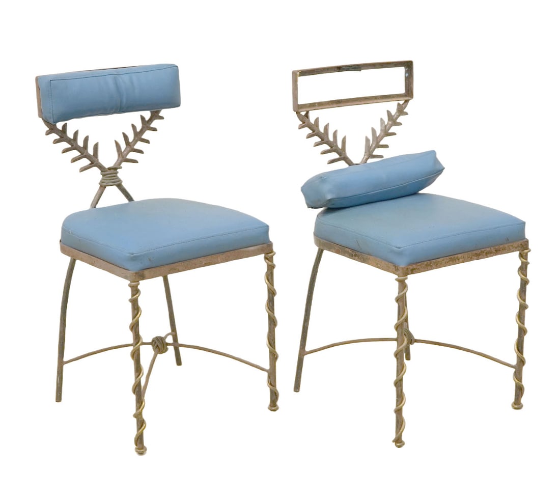 Pr. Mario Villa Vintage Palm Side Chairs: Mario Villa, Nicaragua/Louisiana (1953-2021). Pair of wrought iron vintage 'Palm' side chairs by New Orleans based artist Mario Villa. They have turquoise upholstered seat cushions, back cushions and