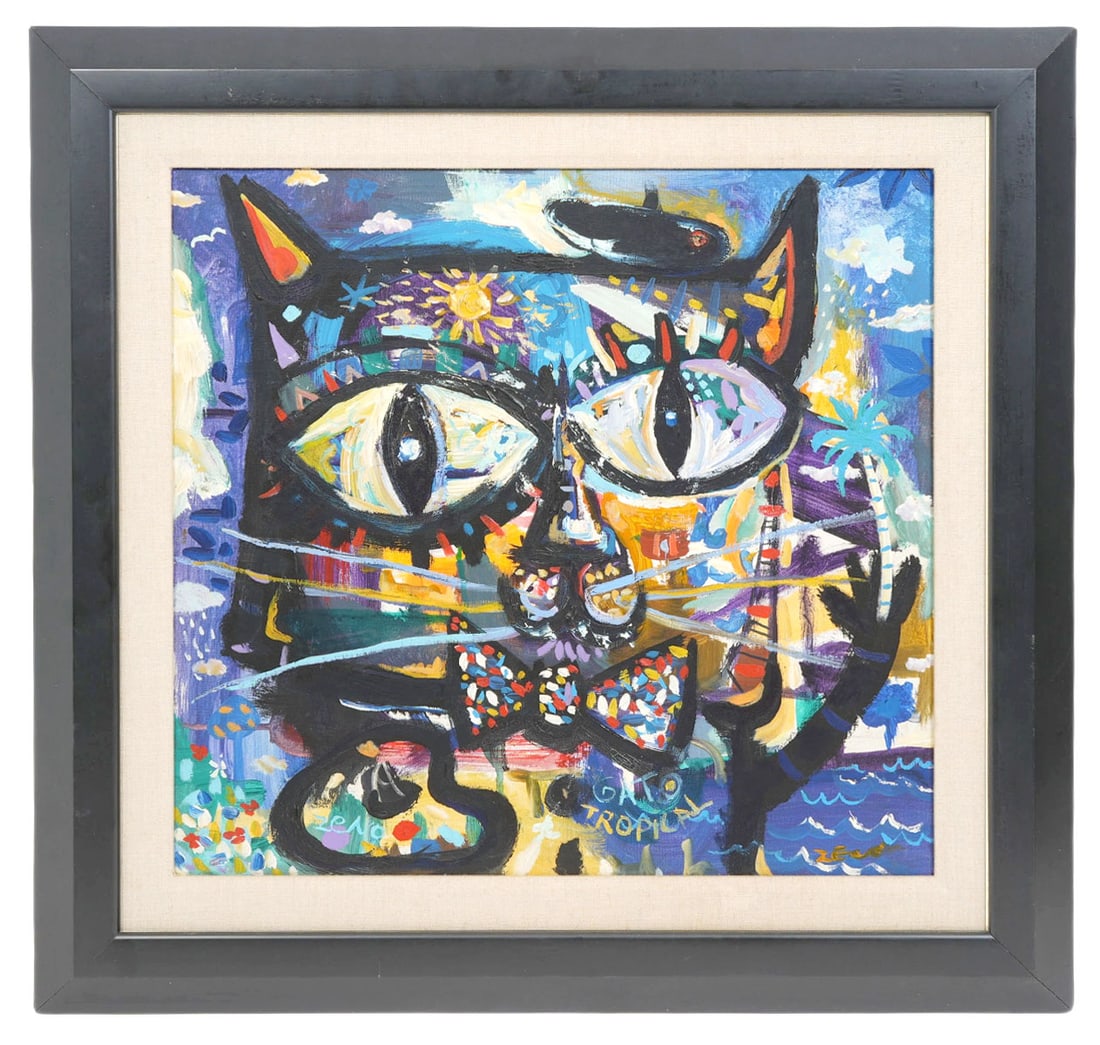 Jorge Zeno 'Gato Tropical' Painting: Jorge Zeno, Puerto Rican/American (Born 1956). Oil on linen mounted in a black wood frame, signed lower left and titled lower center 'Gato Tropical'. Signed and dated 1989 on verso. Measures 26"H x 26
