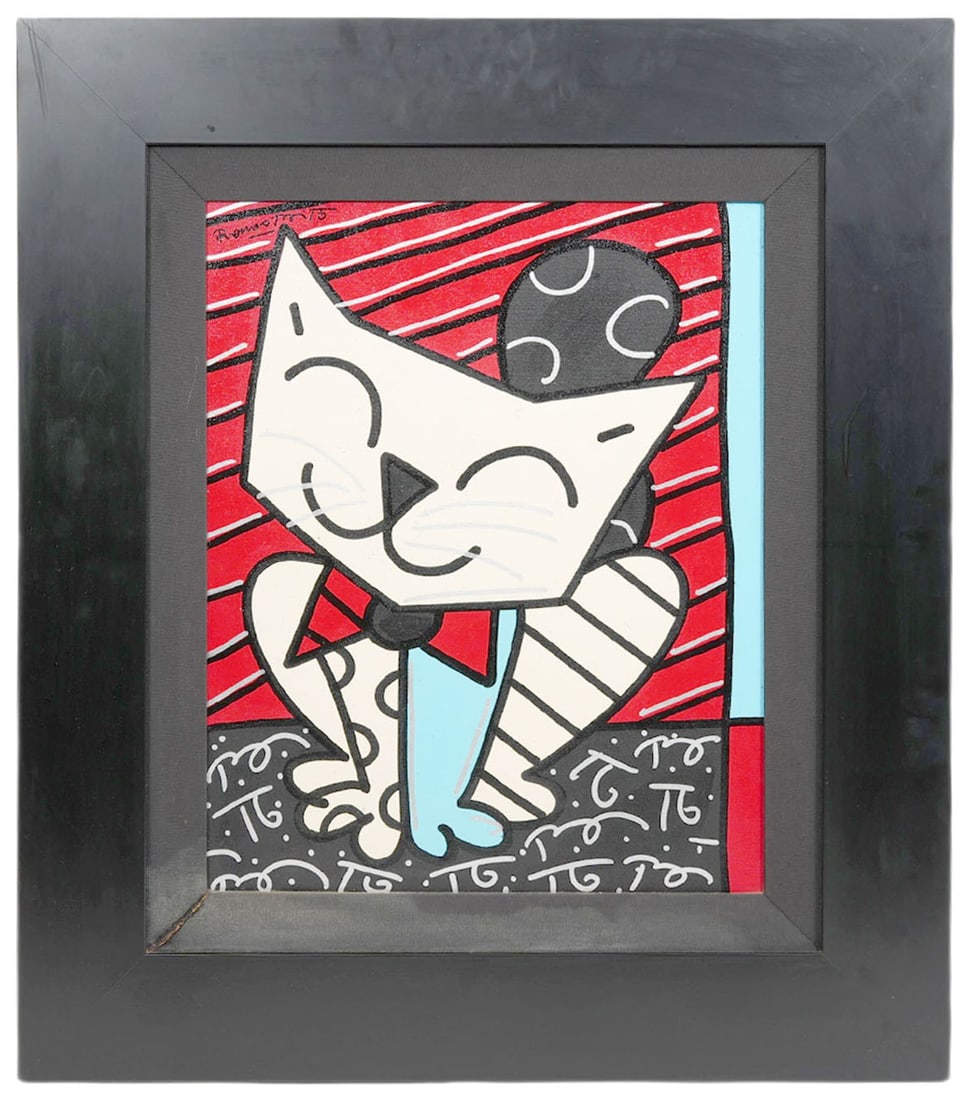 Romero Britto 'Blues' Painting: Romero Britto, Brazil (Born 1963). Acrylic painting on canvas titled 'Blues' and dated '2002' on verso, signed upper left. This a black matting and is mounted in a black wood frame. Measures 30.25"H x