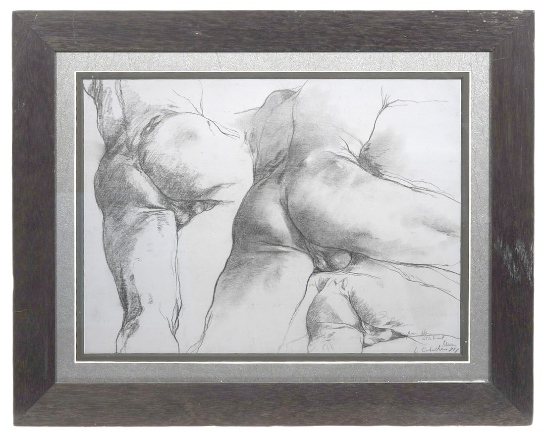 Luis Caballero Signed Erotic Drawing: Luis Caballero, Columbian (1943-1995). This drawing on paper signed lower right and mounted in a wood frame with museum glass. Caballero is known for his depictions of masculine figures. Measures 21"H