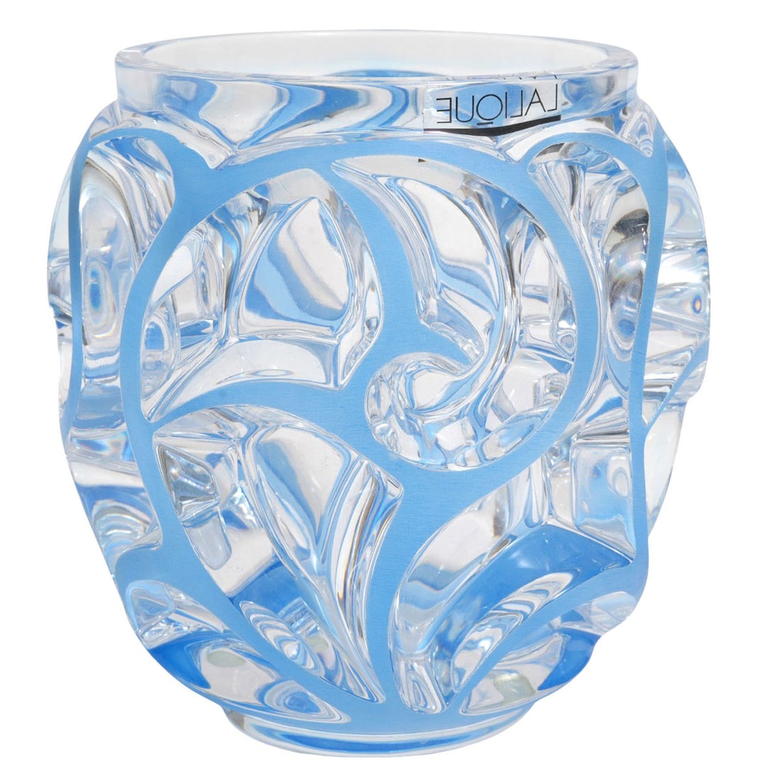 Lalique Tourbillons Crystal Vase: Lalique Tourbillons vase crafted from crystal glass and satin finished by hand with swirling and coiling designs, etched on underside 'Lalique France' and 1/63. Measures 5"H x 4.5"W. Condition: good c