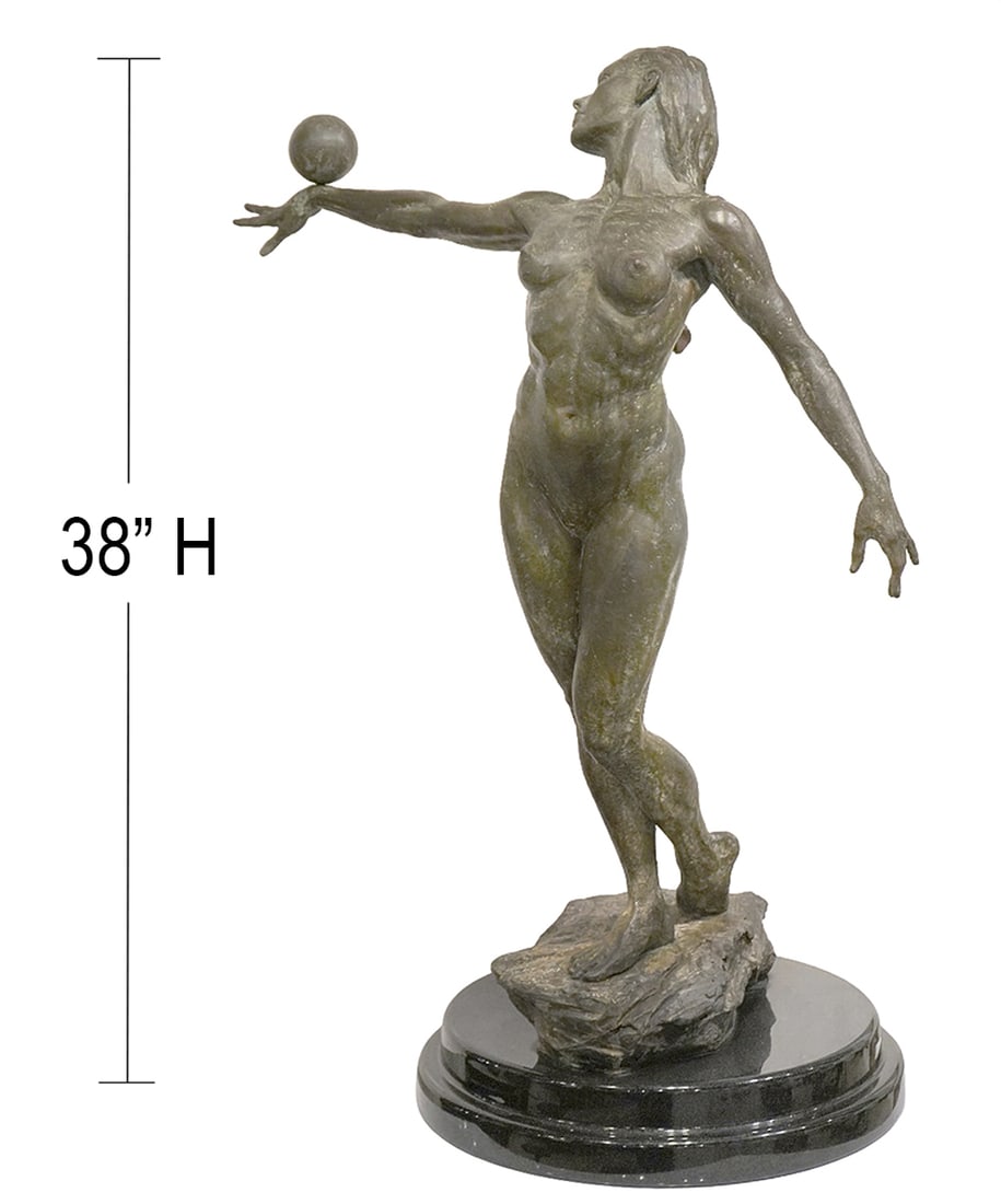 Paige Bradley 'Balancing' Bronze Sculpture: Paige Bradley, American (Born 1974). Figurative sculptor uses mixed media bronze and illumination on her dynamically posed sculptures. This is 'Balancing (Maquette) The Sphere' and it measures 37.5"H 