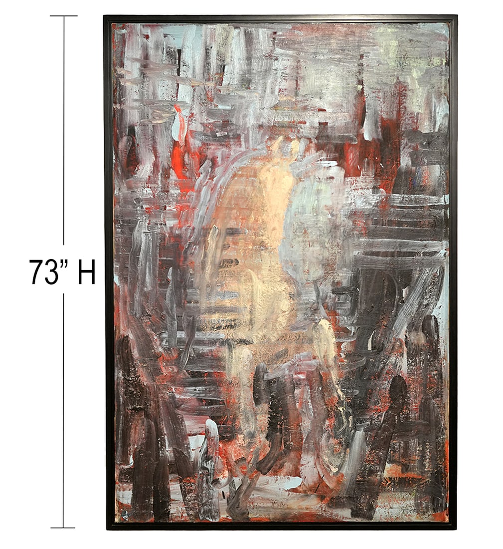 Christopher Lebrun Large Oil Painting Christies: Christopher Lebrun, UK (Born 1951). Large scale abstract oil on canvas mounted in black wood frame. Label on verso from Christies. It is signed, titled and dated 1981-1982 on verso with an outline of 