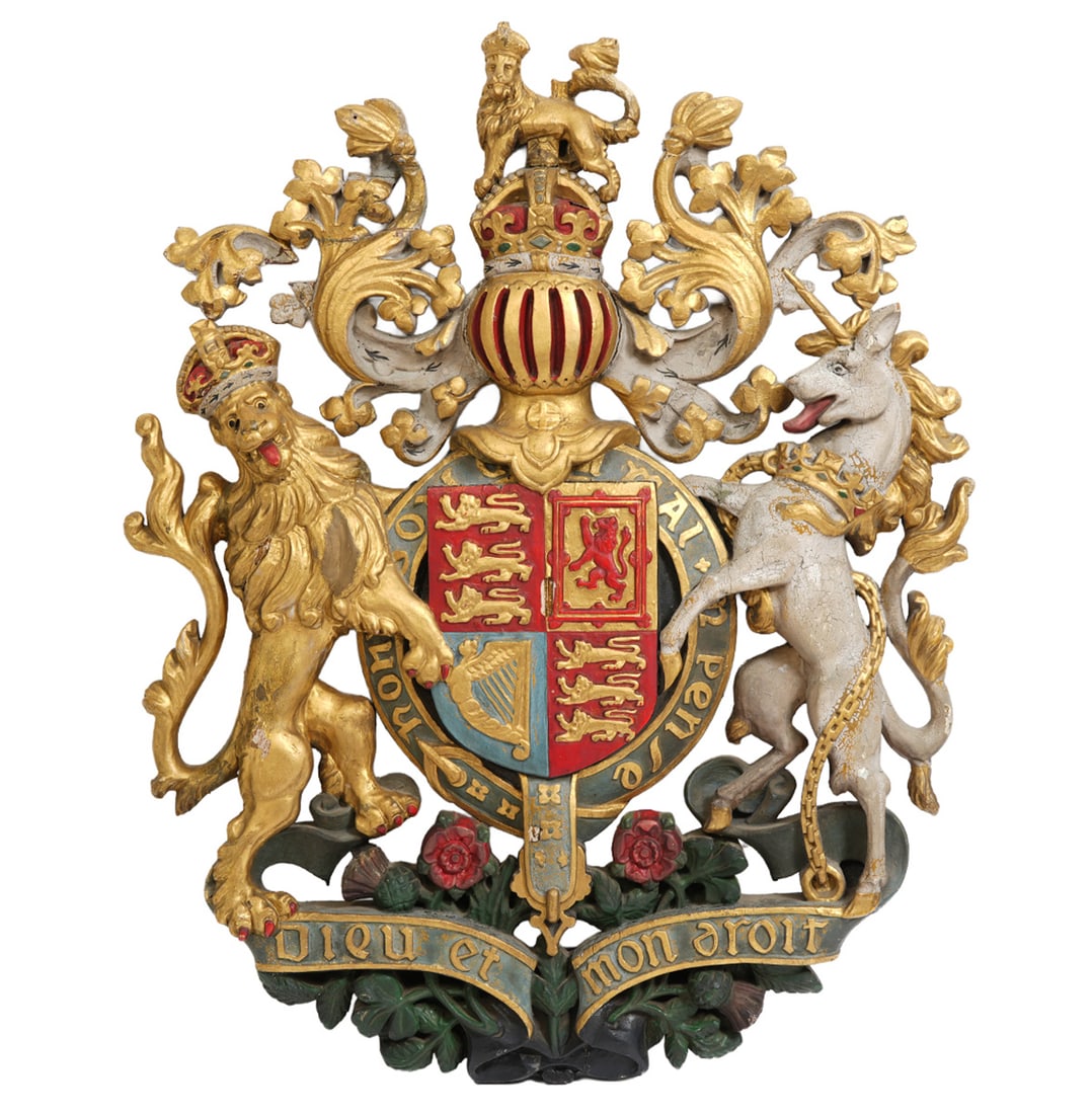 English Antique British Royal Warrant Coat of Arms: Large vintage British Royal Warrant Coat of Arms wall plaque in carved and painted wood features motto 'Dieu Et Mon Droit' (God and my right). Provenance: From the estate/collection of Michael Kittred