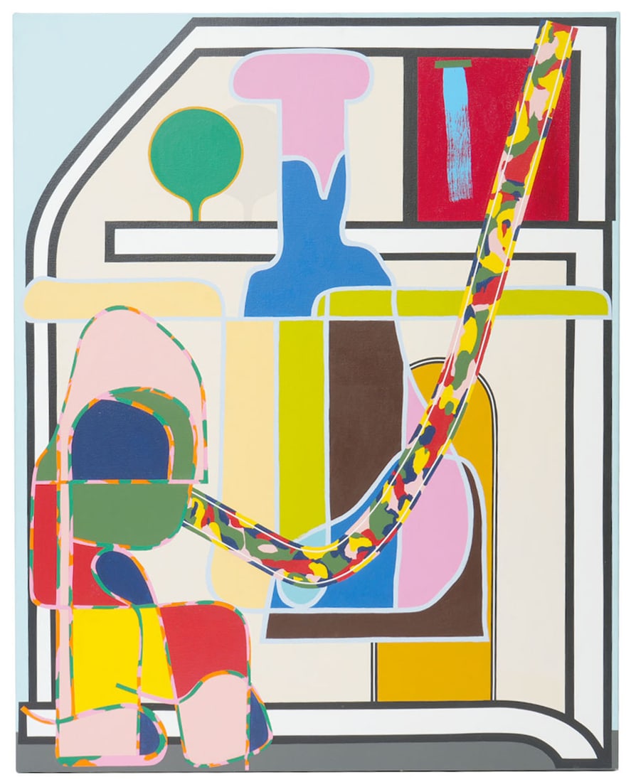 Eric Shaw Signed 2016 Painting- Hollis Taggart: Eric Shaw, American (Born 1983). Bold geometric abstraction of lines, shapes and colors titled 'Change the Water not the Goldfish' acrylic on canvas, unframed. Provenance: Hollis Taggart Galleries, NY