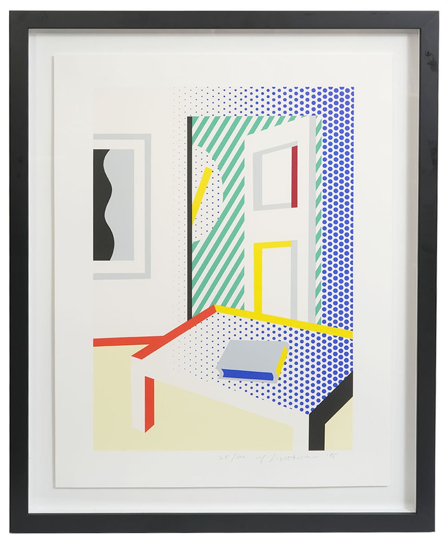 Roy Lichtenstein 'Virtual Interior' Screenprint: Roy Lichtenstein, American (1923-1997). 'Virtual Interior with Book'. Ten-color screen print on Somerset Velvet. Image is 20 1/8" x 13 15/16", paper is 24" H x 18" W, frame is 28.5" x 22.5". Pencil si
