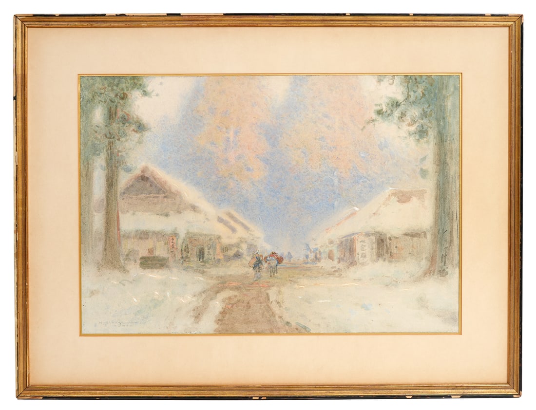 Hachiro Nakagawa Tokyo Watercolor Painting: Hachiro Nakagawa, Japan (1877-1922). Japanese village with figures, animals and buildings in a landscaped scene, signed lower left and mounted in a gilt wood frame. Measures 22.5"H x 29.25"W framed; 1