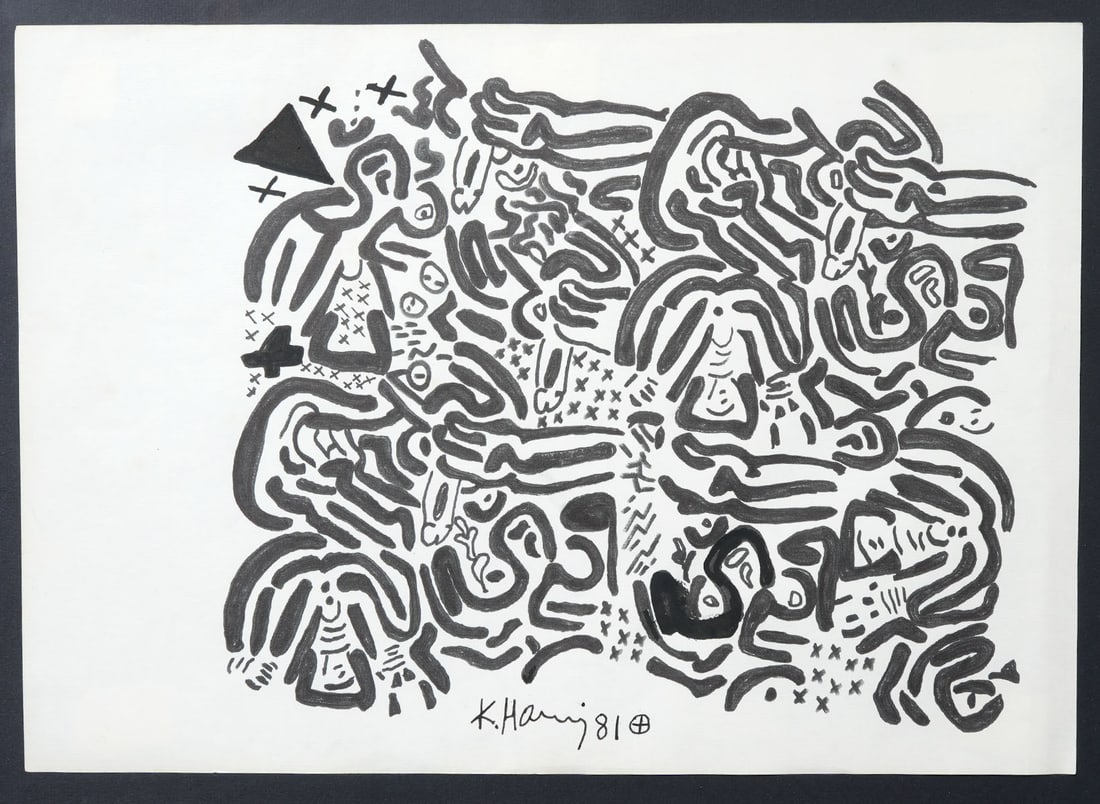 Attrb. Keith Haring Ink on Paper w Paperwork: Attributed to Keith Haring, American (1958-1990). 'Hidden 2', ink on paper drawing. Signed and dated bottom center, '81. Paperwork from Tony Shafrazi Gallery and Receipt. Measures 25.25"H x 29.25"W fr