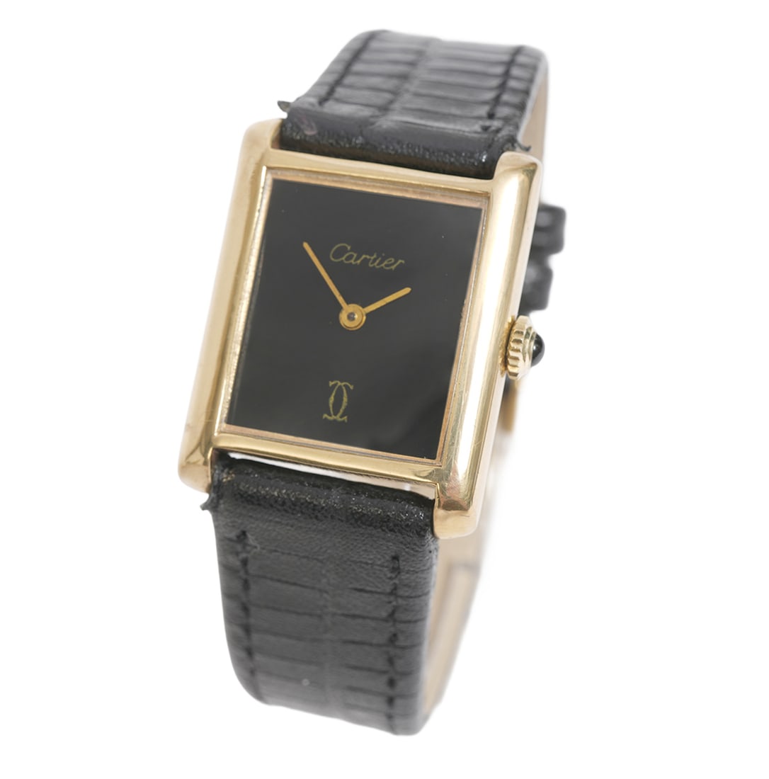 Vintage Cartier Tank Wristwatch Original Dial: Cartier classic vintage 18k gold plated 17 jewel manual wind tank wristwatch has the original black dial with interlocking “C” monogram and has the classic Cartier signature. The watch measure