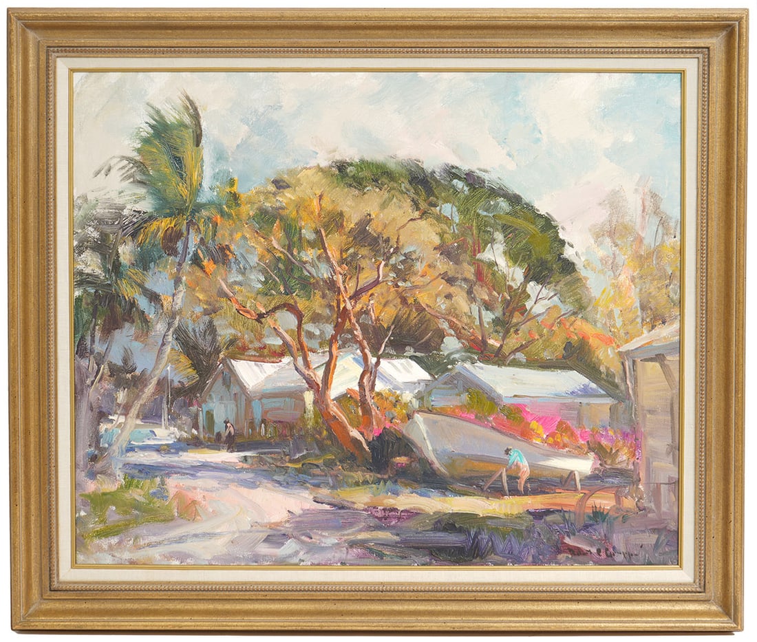 Robert Gruppe Signed Bahamas Painting: Robert Gruppe, American (Born 1944). Son of Emile Gruppe, Robert s known for vibrant textured oil paintings of harbor scenes, landscapes and seascapes. This oil on canvas is mounted in a gilt wood fra