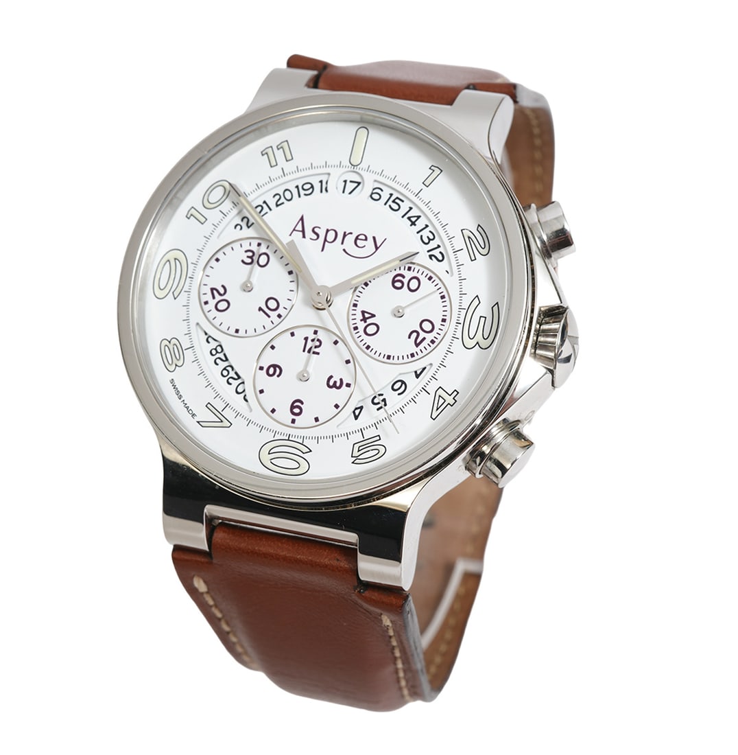Asprey REF. 01138.05 SS Chronograph Wristwatch: Asprey stainless steel three register chronograph wristwatch with date has a 37 jewel automatic movement and is signed Asprey on the rotor. The watch is in a stainless steel water resistant case with 