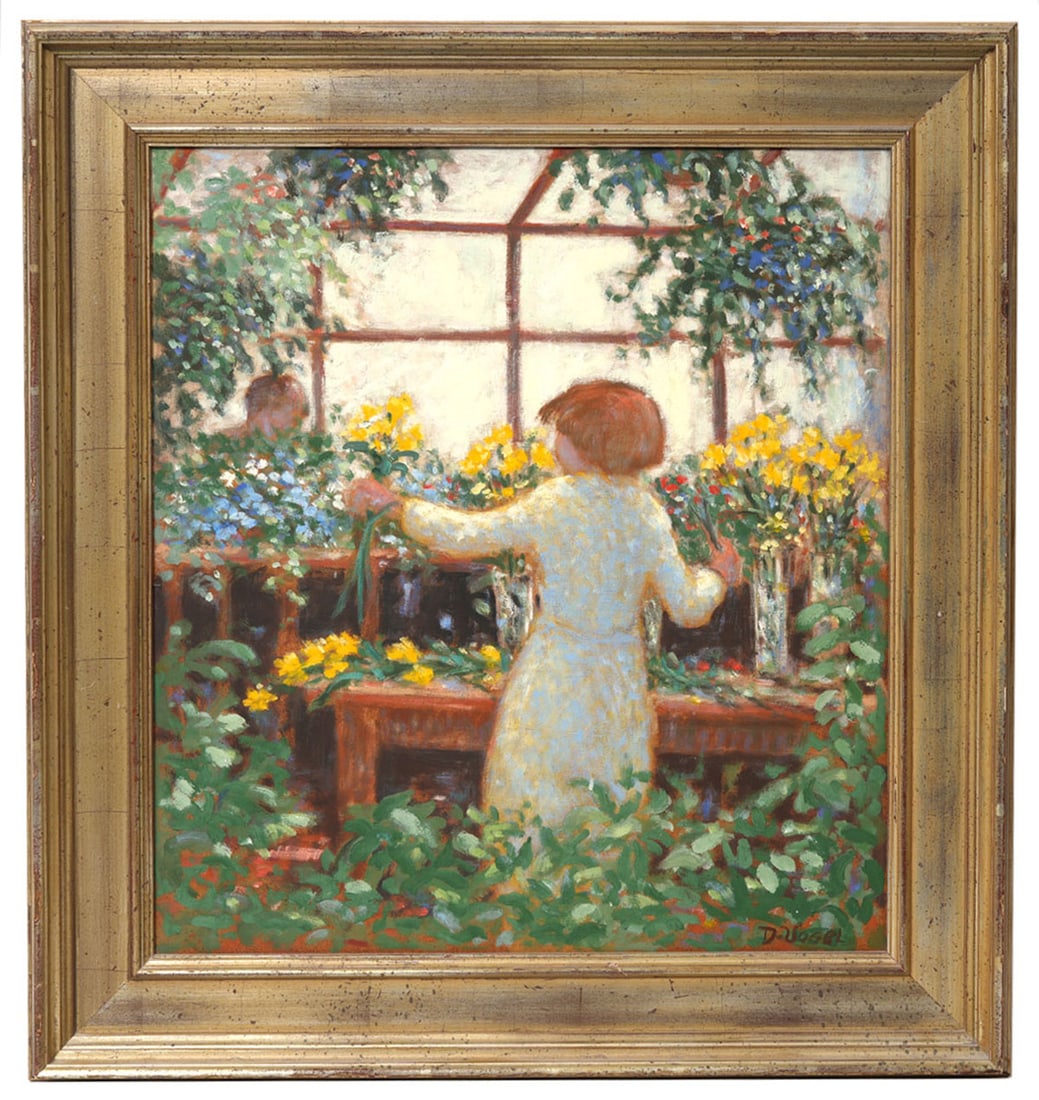 Donald Vogel 'Arranging Flowers in the Greenhouse': Donald Vogel, American (1917-2004). Impressionist oil on masonite painting focuses on light and color is signed lower right, mounted in a gilt wood frame and titled 'Arranging Flowers in a Greenhouse'