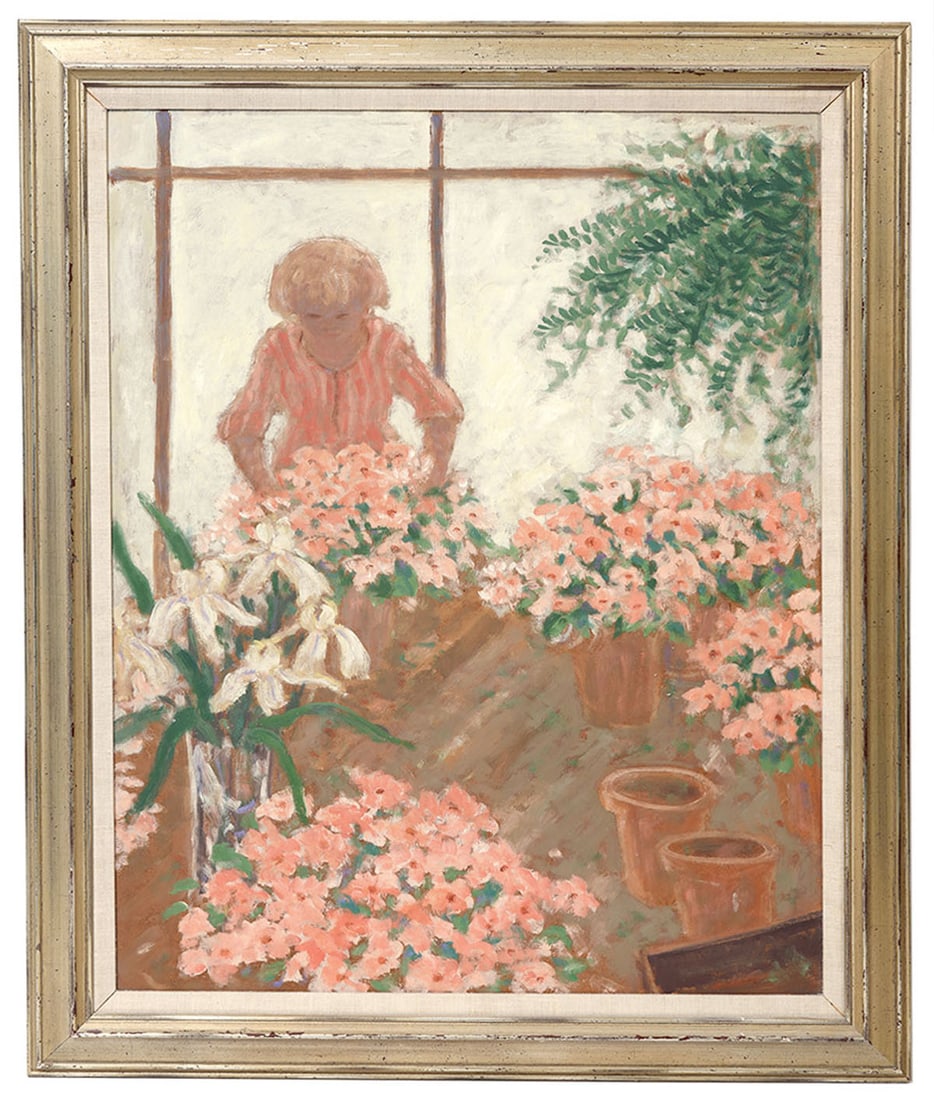 Donald Vogel 'The Potting Bench' Painting: Donald Vogel, American (1917-2004). Impressionist oil on masonite illustrating light and color, this painting is mounted in a gilt wood frame and titled 'The Potting Bench' on a hand written label on 
