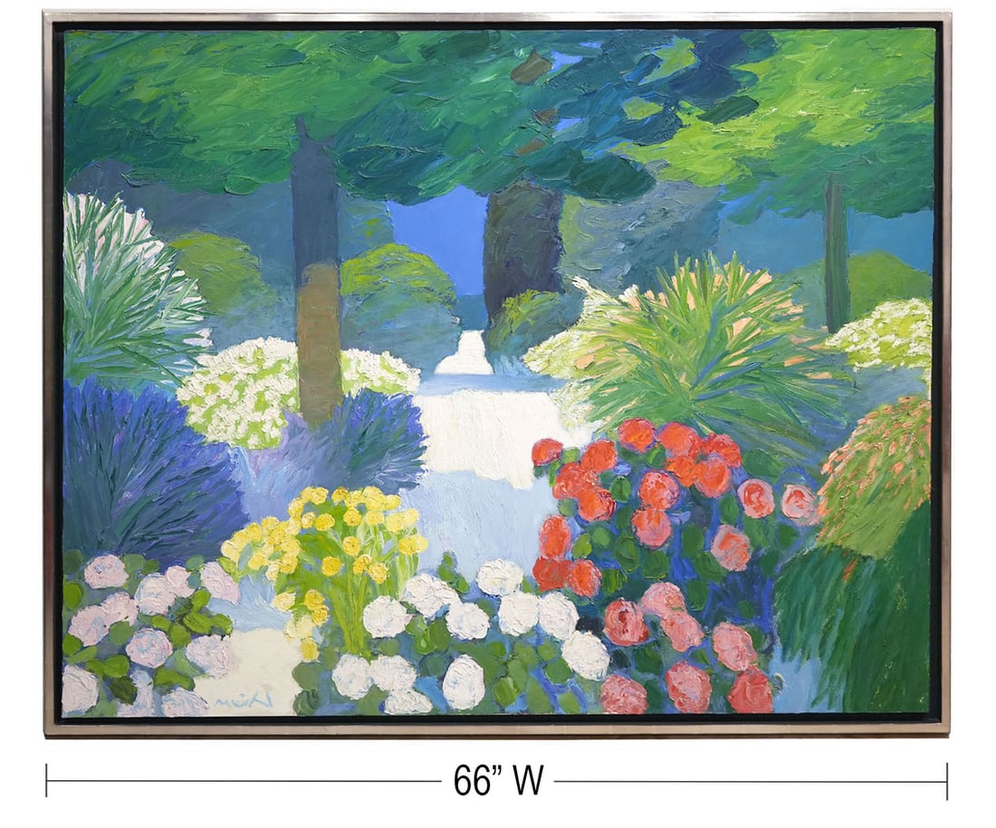 Roger Muhl 'Jardin en Ete' Signed Painting: Roger Muhl, France (1929-2008). Oil on canvas impasto painting titled 'Jardin en Ete' features a garden setting in contrasting vibrant colors mounted in a thin chrome frame and signed lower left. Incl