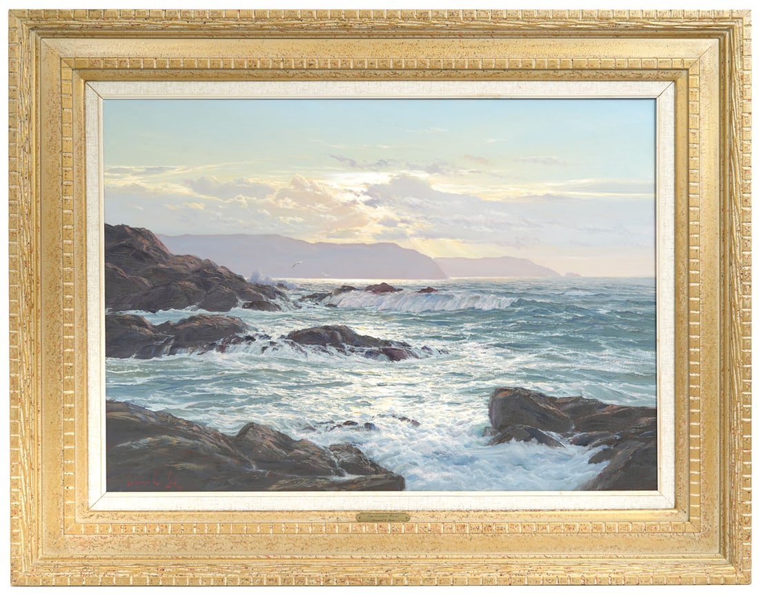 Leonard Lane 'Enchanted Hour' Signed Painting: Leonard C. Lane, U.K. (1910-1978). 'Enchanted Hour' is signed lower left and mounted in a carved gilt wood frame. Name plaque bottom center. Includes original invoice with purchase price of $14,000.00