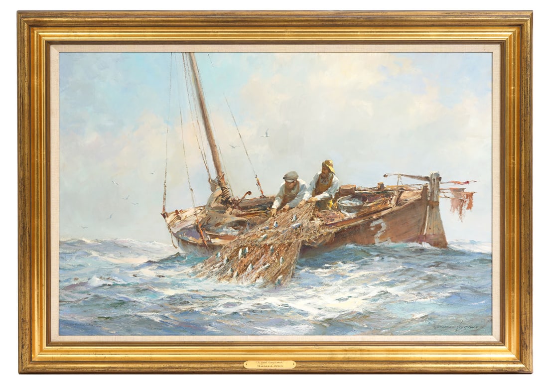 Marshall Joyce 'A Good Day's Catch' Painting: Marshall Woodside Joyce, American (1912-1998). Known for nautical and coastal scenes 'A Good Day's Catch' is an oil on board, signed lower right 'Marshal Joyce ASMA' and mounted in a gilt wood frame. 