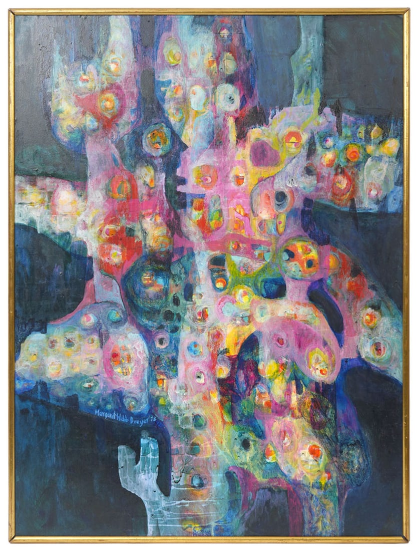 Margaret Webb Dreyer Signed Mixed Media Painting: Margaret Webb Dreyer, American (1911-1976). Jewel toned abstract mixed media painting is signed and dated '73 lower right and mounted in a gilt wood frame. Label on verso from The Texas Watercolor Soc