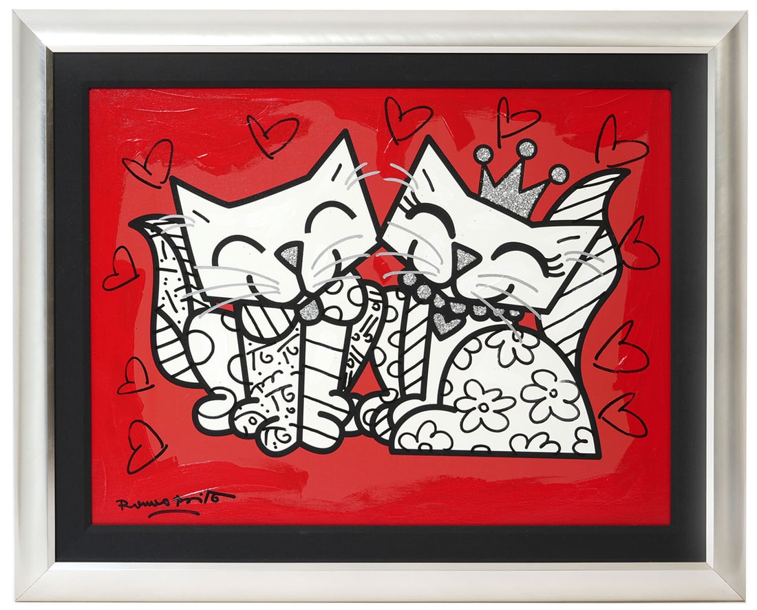 Romero Britto 'Cats Romance' Signed Painting (1 of 9)