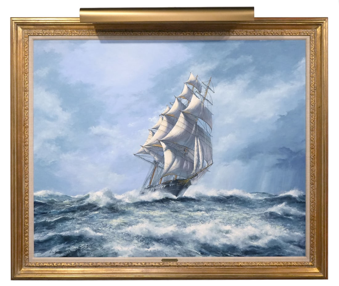 John Bentham Dinsdale Vintage Maritime Painting: John Bentham Dinsdale, British (1927-2008). Oil on canvas painting of a clipper ship under full sail in rough seas, signed lower left. Mounted in decorative carved gilt wood frame with a Wally Findlay
