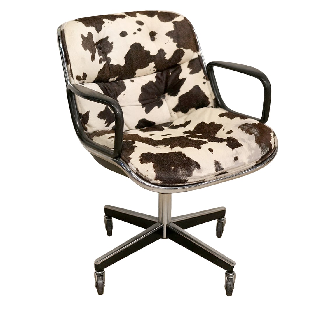 Knoll Cowhide Office Chair: Knoll office chair with polished aluminum 4 star base on coasters and cowhide seat and back. Knoll tag on the underside. Measures 26"W arm to arm; seat 18"D x 22.5"W x 20"H; back 33.5"H x 22.25"W. Con