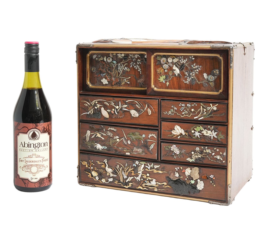 Japanese Lacquer & Shibayama Cabinet: Japanese lacquered dark wood Shibayama cabinet is divided into 6 drawers and one top compartment with sliding doors. There are intricate gilt and mother of pearl inlays of birds and flowers with a mar
