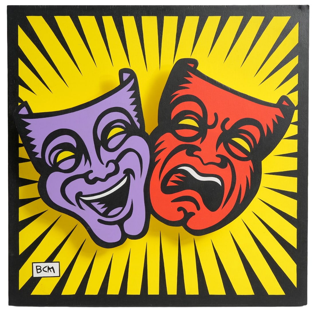 Burton Morris 'Theater Masks' Pop Up Art: Burton Morris, American (Born 1964). Morris is known for bold graphic pop art paintings in vivid colors. This piece is titled on verso 'Theater Masks' and dated 1999. Measures 23.75"H x 23.75"W x 1"D.