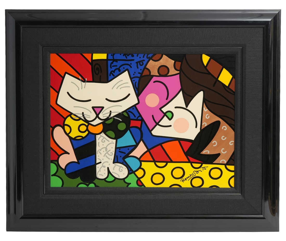 Romero Britto 'The Good Cat' Painting: Romero Britto is a Brazilian artist, painter, serigrapher, and sculptor born in 1963. He combines elements of cubism, pop art, and graffiti painting in his work, using vibrant colors and bold patterns