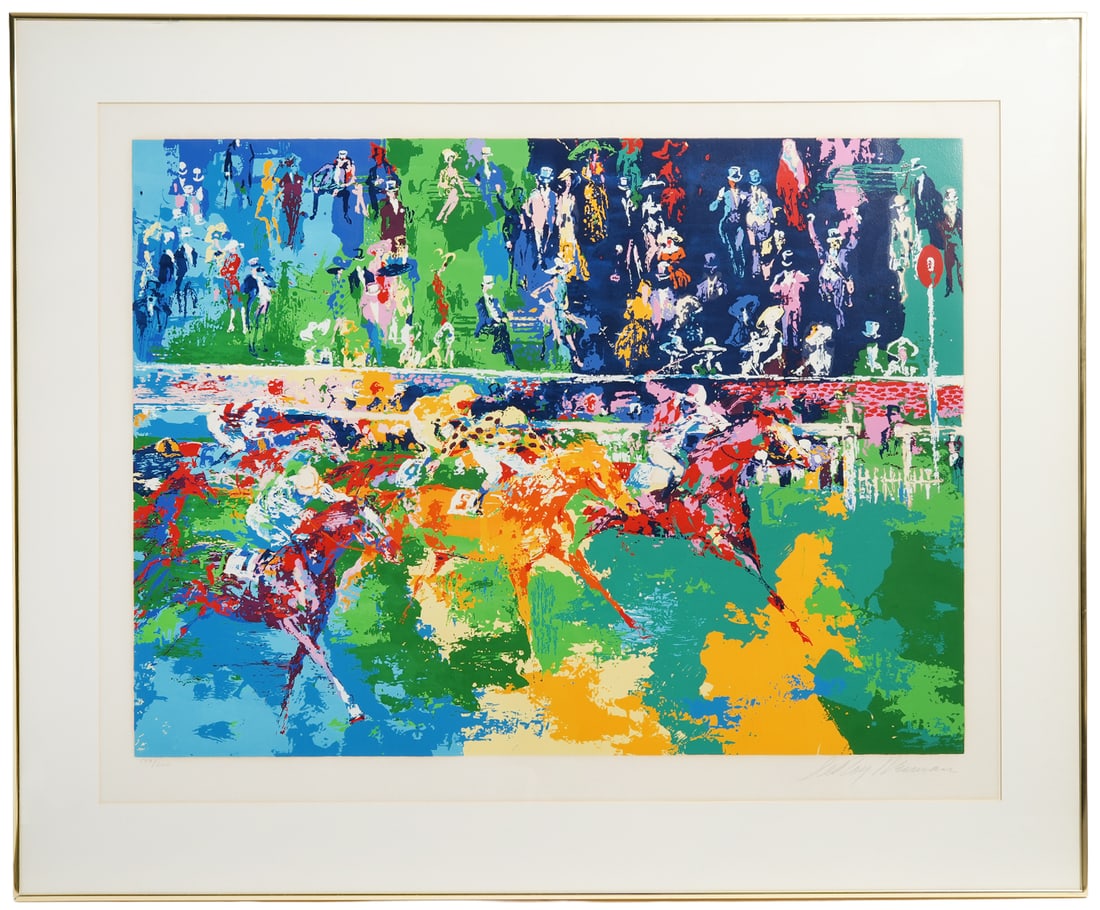 Leroy Neiman 'Ascot Finish' Serigraph: Leroy Neiman, American (1921-2012). Limited Edition Serigraph 'Ascot Finish' is hand signed lower right and numbered 177/300 lower left. It is matted and mounted in a thin gold metal frame. Measures 3