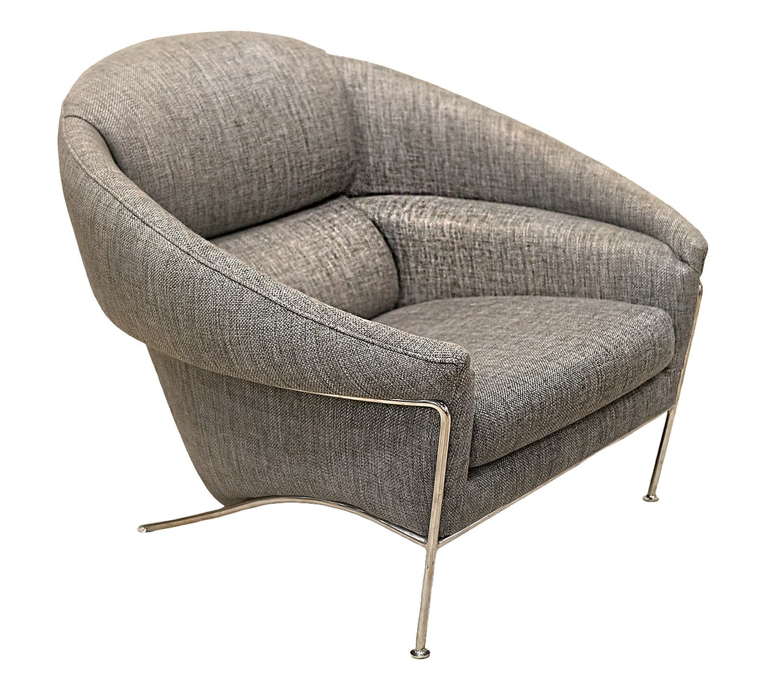 Milo Baughman Boldido Lounge Chair: Milo Baughman for Thayer Coggin grey fabric Boldido lounge chair has an exposed polished steel flowing frame with a high back, originally designed in 1987. Measures 33"H back; 37.5"W arm to arm; 24"D 