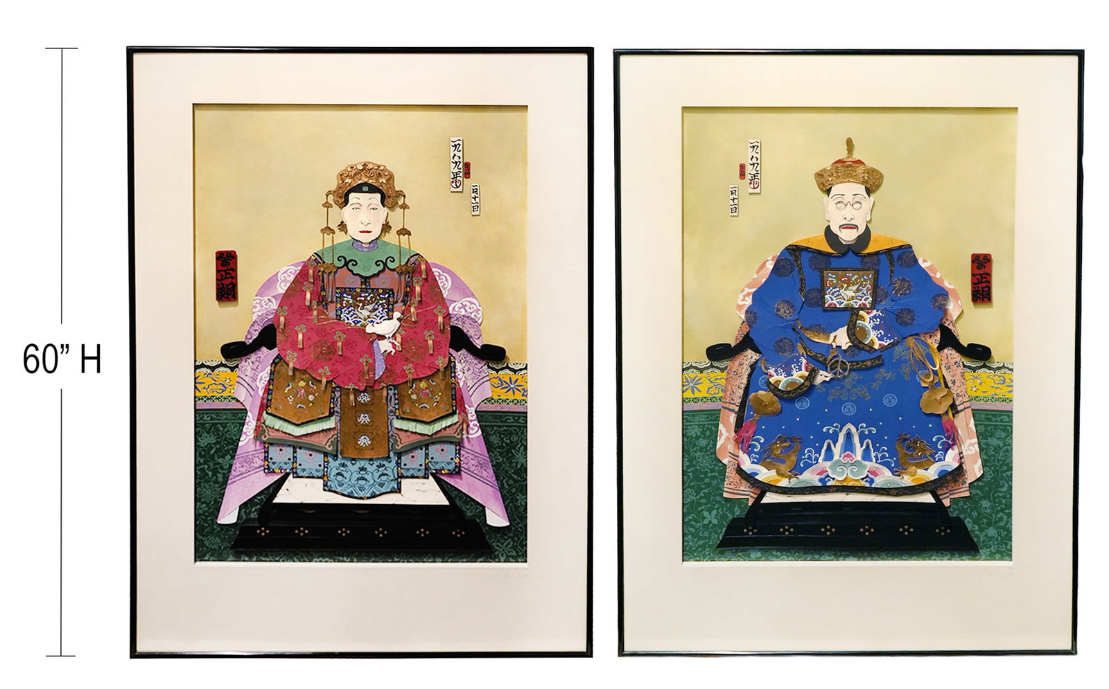 Larry Yung 2 'Chinois POP' 3 Dimensional Artwork: Larry Yung, Korean/American (1944-2026). Yung used a traditional format to create a 3 dimensional layered effect as seen in his works from his 'Chinois POP' collection. Both Chinese ancestrial pieces 