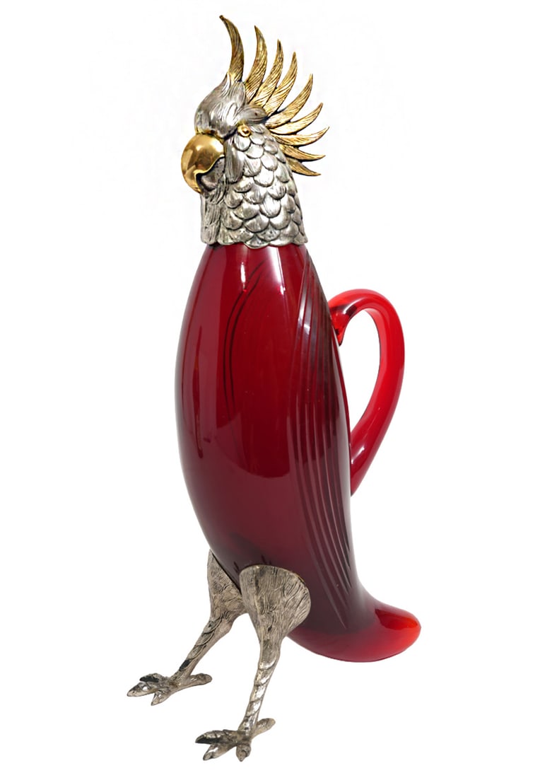 Cartier Cockatoo Sterling & Red Glass Decanter: Cartier midcentury modern flamboyant cockatoo figural decanter in sterling silver, gilt and red glass. Ovoid glass body with wings represented by cut curved flutes and there is a tapering tail and c-s
