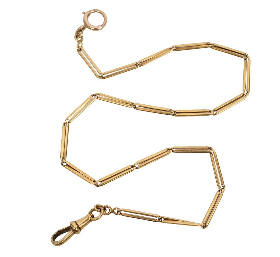 18K YG French Bar Link Hallmarked Watch Chain: 18K yellow gold bar link watch chain has original swivel and spring ring with French gold hallmarks. The chain measures approximately 15"L (approx. 38cm) and weighs 15.1 grams. The bar links measure a