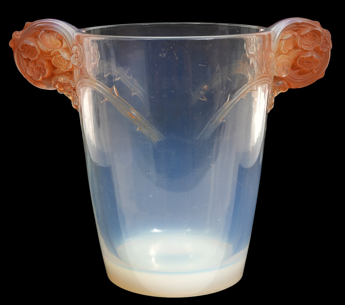 Rene Lalique 'Charmarande' Art Deco Vase: Rene Lalique 'Charmarande' Art Deco vase in molded smoked glass designed in 1926 has two scrolled molded handles with floral details enhanced with pale peach coloring and the body has a tapered cylind