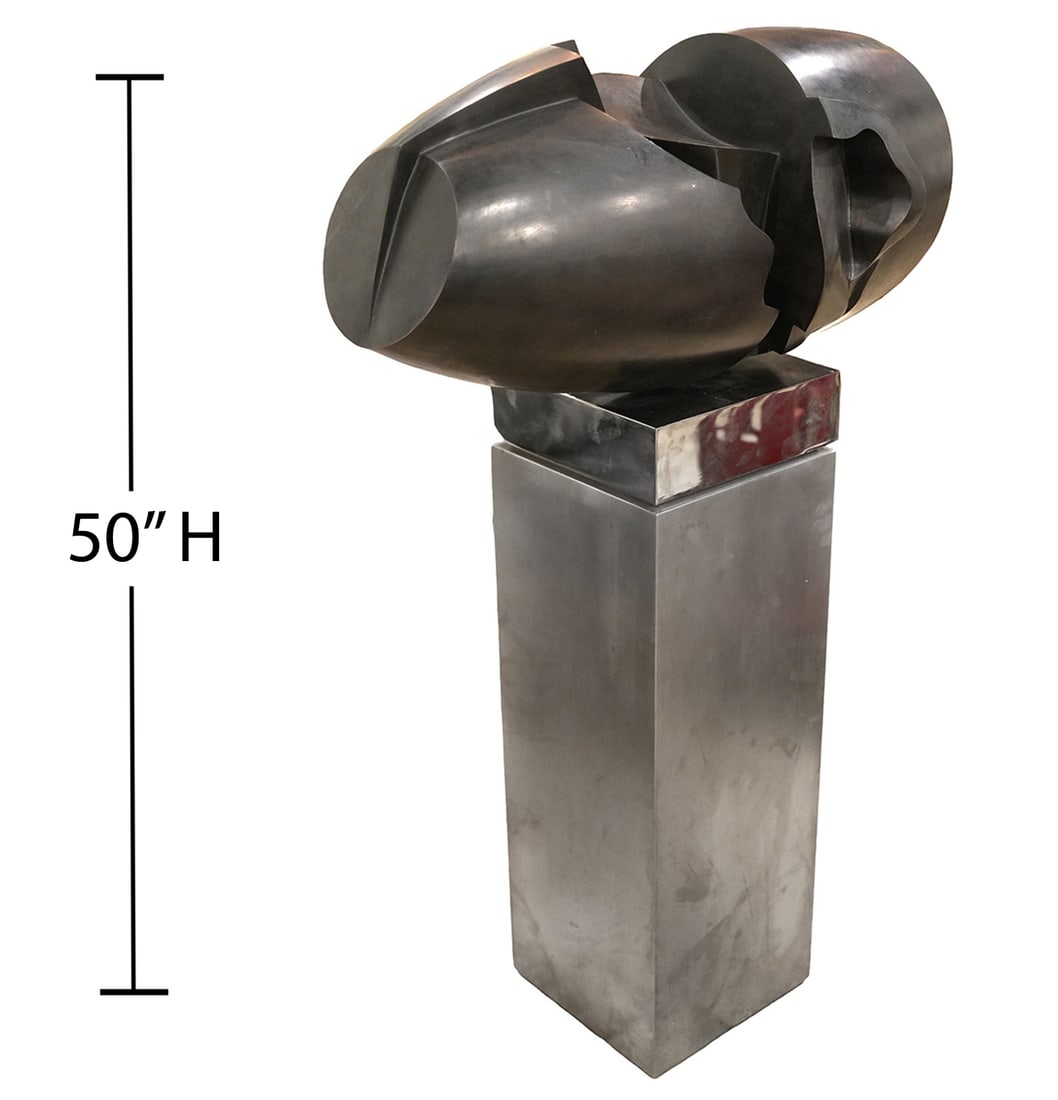 Abstract Bronze Sculpture Attr. Faustino Aizkorbe: Faustino Aizkorbe, Spain (Born 1948). Abstract dark patinated bronze on chrome base attributed to Aizkorbe measures 27"L x 15"W x 15"H sculpture: 35.25"H x 11.75"W x 11.75"L base; approximately 50.25"