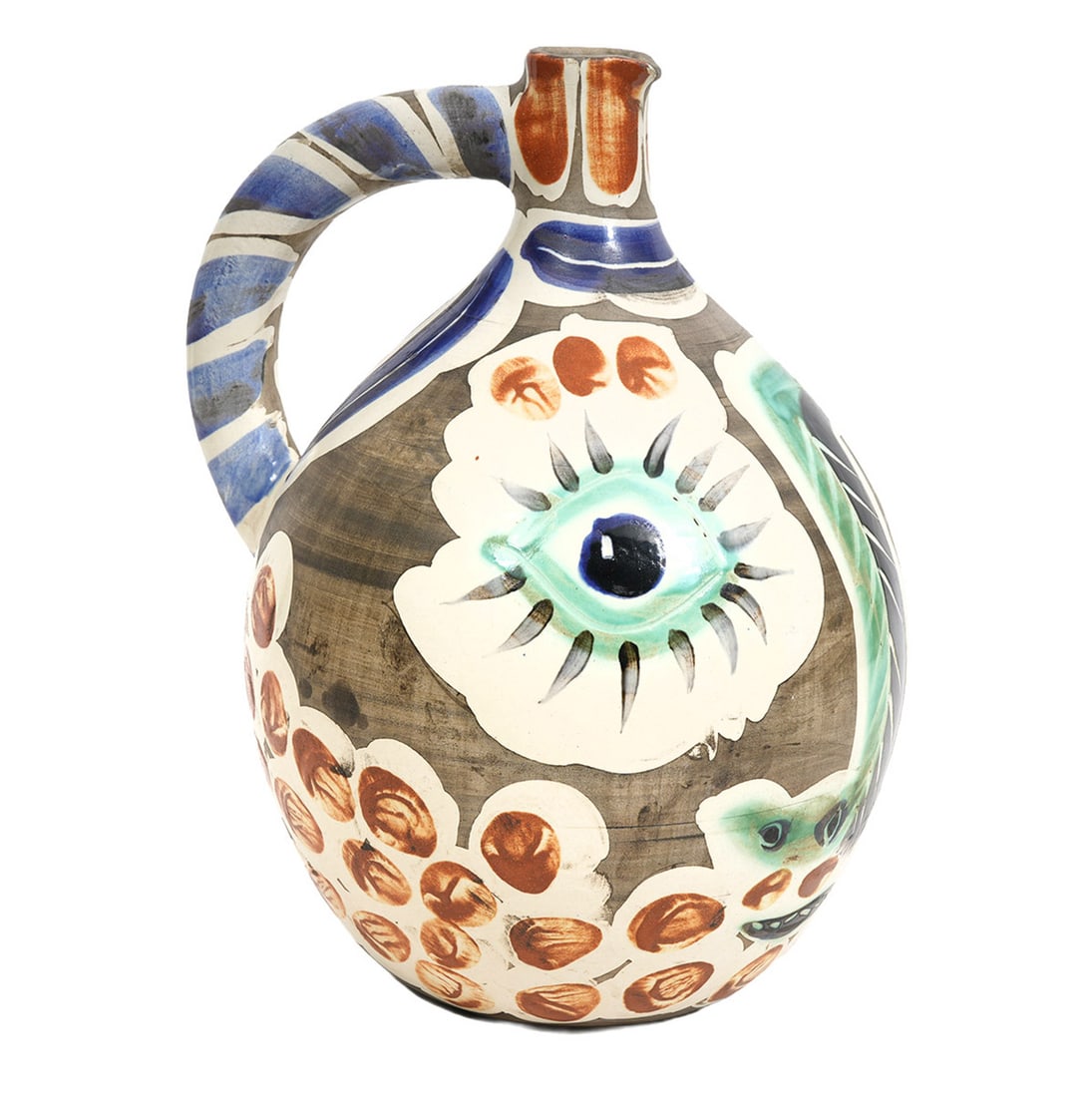 Pablo Picasso 'Visage au nez Noir' Madoura Pitcher: Pablo Picasso, Spain (1881-1973). 'Visage au nez Noir'. White earthenware clay pitcher with colored engobe and glaze face design accented with black, green, blue and red on grey and white background w