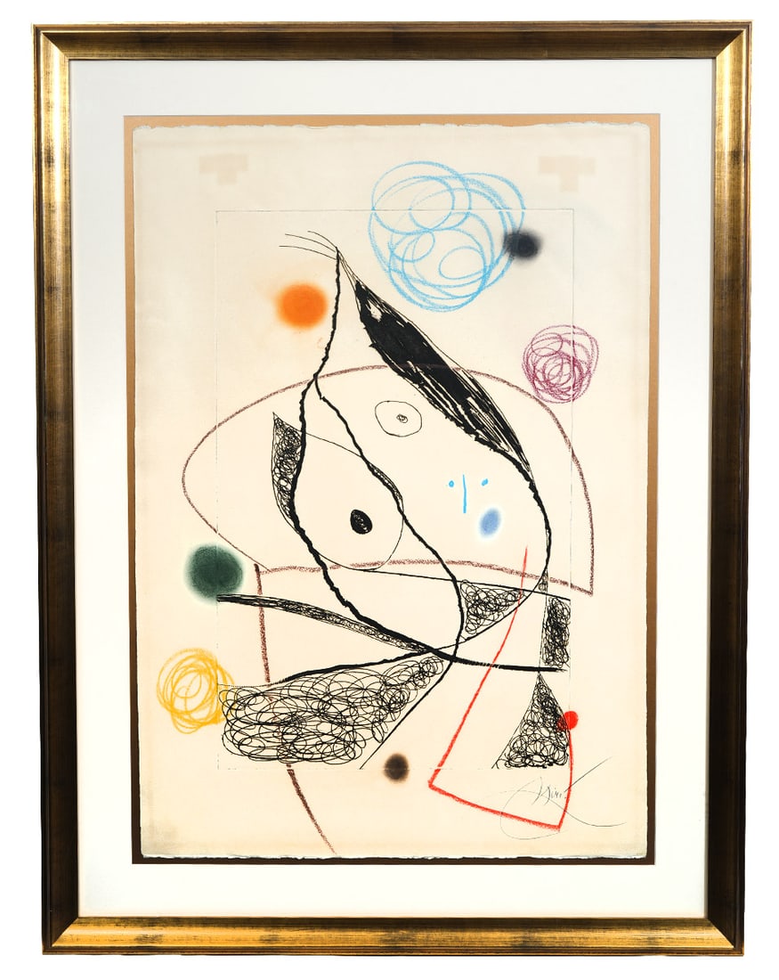 Original Crayon Drawing & Engraving by Joan Miro: Joan Miro, Spain (1893-1983). From the 'Les Orfevres' Series. Unique drawing in crayon and chalk over an engraved black impression from Les Orfevres. The series consist of 35 unique works, this is XXX
