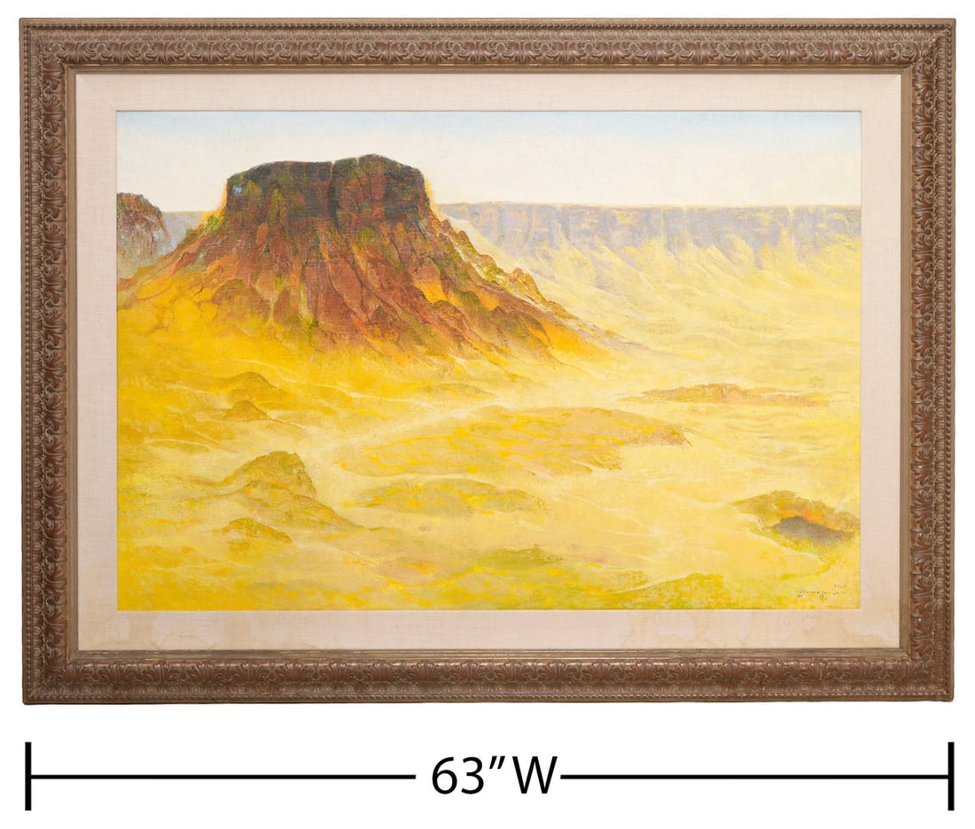 Guillermo Meza 'La Meseta' Painting: Guillermo Meza, Mexico (1917-1997). Oil on canvas landscape painting depicting a desert mesa under a bright yellow sky. It is signed lower right and mounted in an antique style carved gilt wood frame 