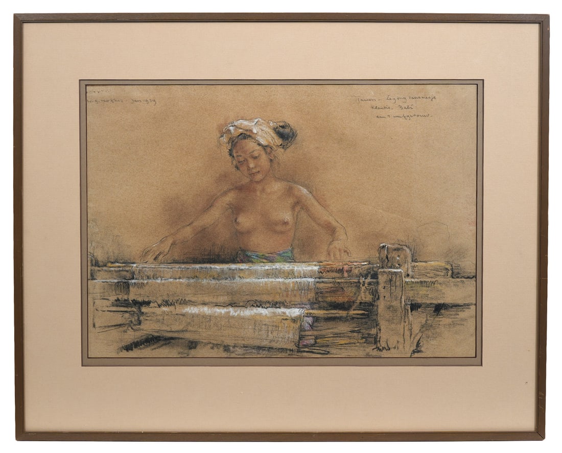 Willem Gerard Hofker 'Weaver 1939' Painting: Willem Gerard Hofker, Amsterdam (1902-1981). Pastel and charcoal on paper titled 'Weaver 1939" mounted in thin wood frame has a label on verso from Atherton Gallery. Measures 18.5"H x 22.5"W framed; 1