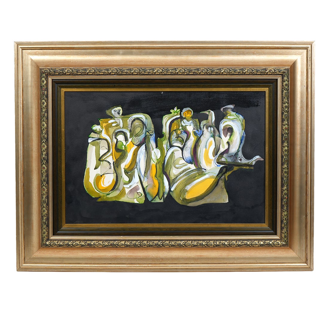 Augusto Marin Watercolor Painting: Augusto Marin, Puerto Rico (1921-2011). This painting exhibits mid-century abstraction and semi-figuration using heavy black compartmentalized lifework with earthy greens, yellows and white tones. Mou