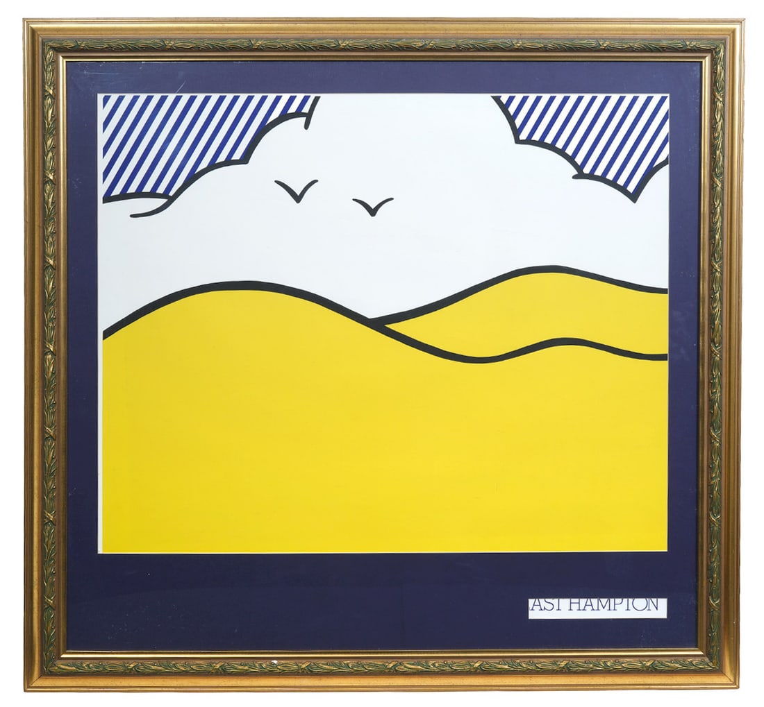 Roy Lichtenstein 'Guild Hall' Screenprint: Roy Lichtenstein, American (1923-1997). Screenprint on paper titled 'Guild Hall East Hampton' based on Lichtenstein's 1974 oil painting from his landscape series. Doesn't appear to be hand signed. Mou