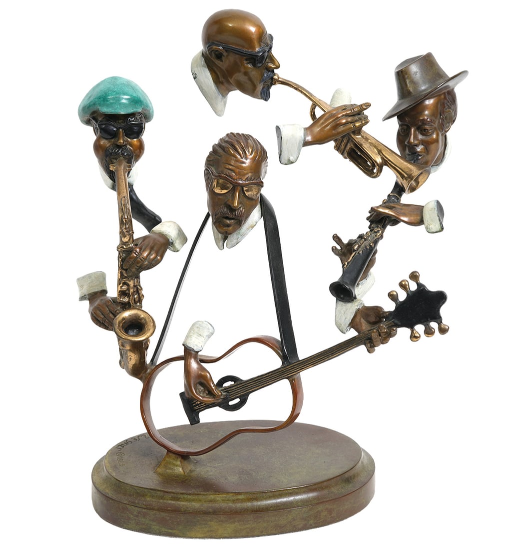 Paul Wegner "One Mo' Time" Bronze Sculpture: Paul Wegner, American (Born 1950). Patinated and painted bronze sculpture created in1985 features fragmented figures of jazz musicians playing different instruments. Signed and dated on oval base 'P. 