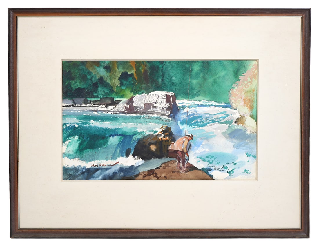 Roy Martell Mason Watercolor Painting: Roy Martell Mason, American (1886-1972). Watercolor on board features a fisherman wading in a stream by Roy Mason, known as the American sporting artist. Titled on verso 'Stop Yer Wigglin', signed on 
