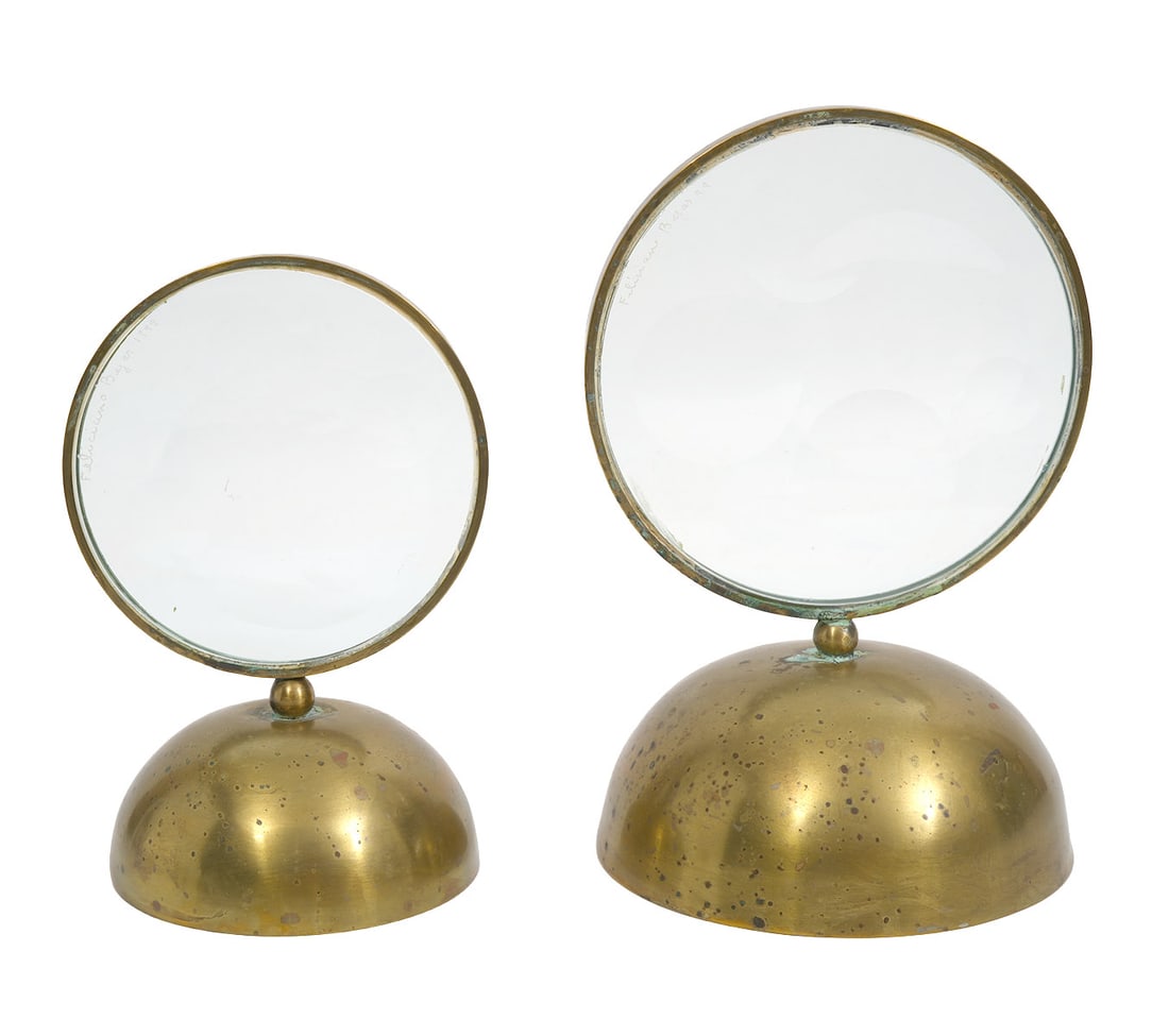 Two Feliciano Bejar Glass & Brass Magiscopios: Feliciano Bejar, Mexico (1920-2007). Bejar is best known for a style of sculpture called Magiscopios which involves different materials like crystals, lenses and metals that can create distorted visio