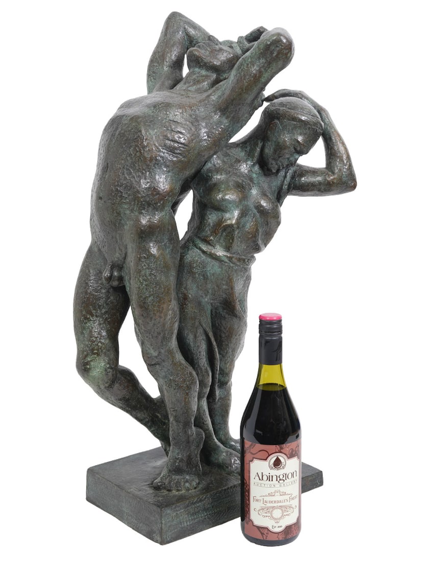 Tiburcio Ortiz Figural Bronze Sculpture: Tiburcio Ortiz, Mexico (Born 1945). Bronze sculpture of two embracing figures locked in a fluid dynamic pose signed 'TIBURCIO '89' and numbered I/VI on base. Measures 26.5"H overall; 24.5"H x 14.5"W x
